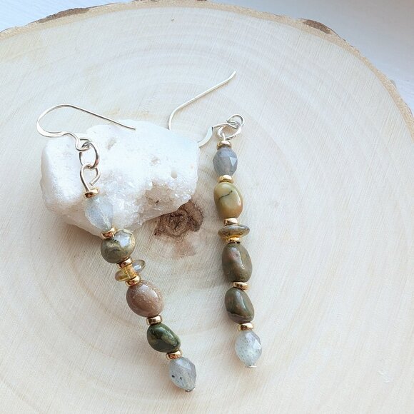 Silver Green Rhyolites and labradorites Handmade Drop Earrings - Picture 2 of 6